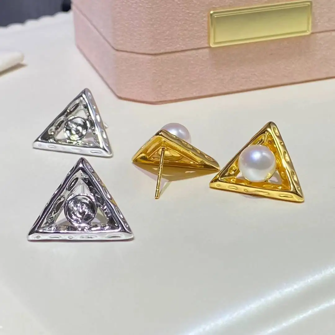 

Triangle Shape 925 Sterling Silver Earrings Mount Findings Settings Base Mounting Parts Accessory for 7-8mm Pearls 5 pairs/lot