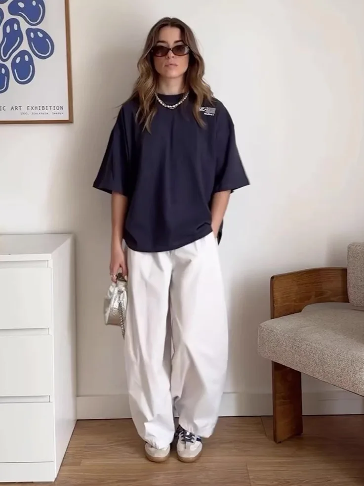 

Maxdutti 2026 French Minimalist White Wide Leg Pants Summer Loose Harem Casual Pants Woman Clothes Women's Pants And Trousers