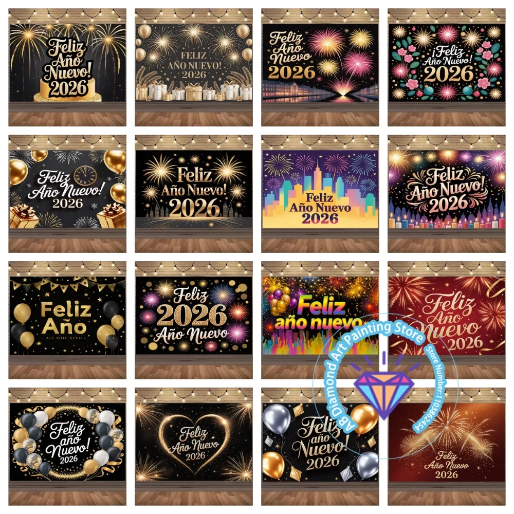 

2026 Spain Happy New Year AB Diamond Painting Kit Square Round Diamond 5D DIY Mosaic Handmade Art Exquisite Gift Home Decor