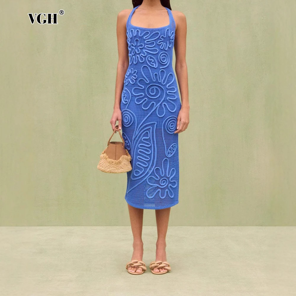 VGH 섹시 비치 슬림 니트 드레스 여성용 홀터 슬리브리스 하이웨이스트 스플라이스 3D 플로럴 휴가 스타일 드레스 여성 여름