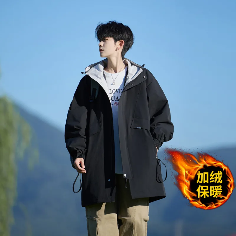 

Мужской длинный плащ больших размеров 8XL, ветрозащитная куртка с капюшоном на флисовой подкладке для мужчин, повседневные теплые мужские куртки