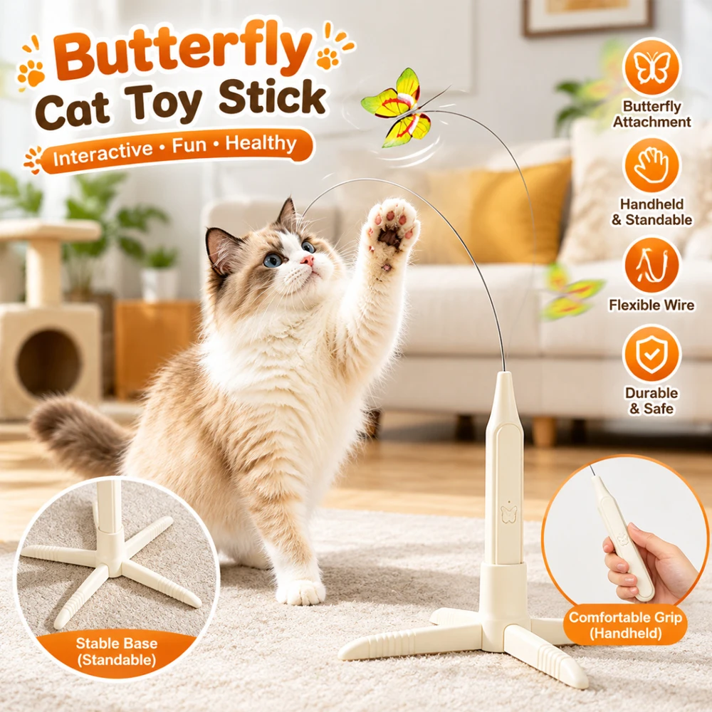 Electric Suction Cup Cat Teaser Wand - Butterfly Flutter Cat Toy Adsorbable Self-Play Interactive Cat Toy Long Pole Steel Wire