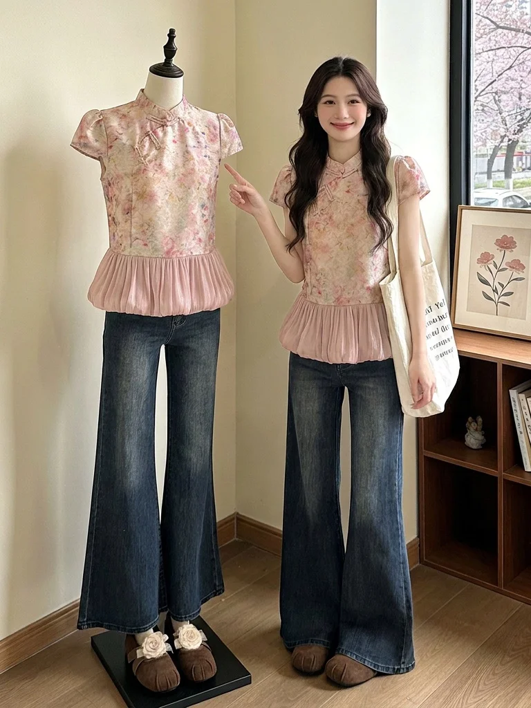 

New Chinese Style Short Sleeve Shirt Women's Beautiful Button up Top Large Size Summer Fashionable Small Shirt National Style...