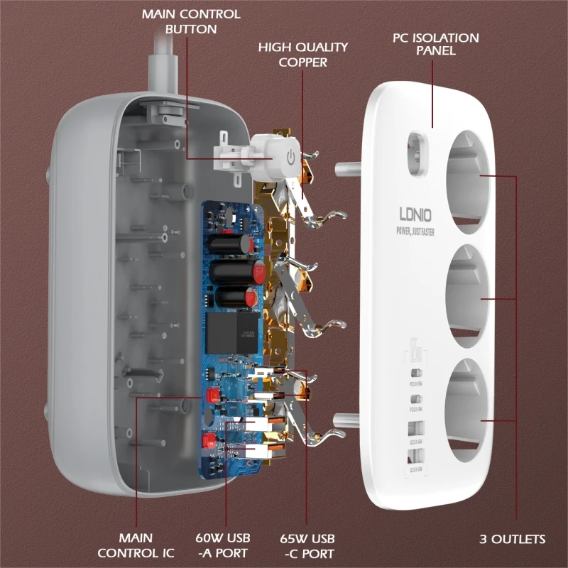 LDNIO EU Plug Power Strip 2M Extension Cable Network Filter USB 65W Fast Charger Type C Kr Outlet Socket Adapter Surge Protector