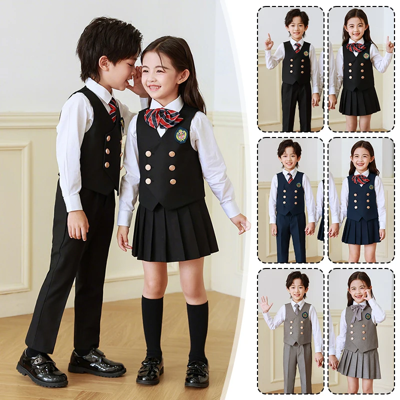 

5 Pcs British Style College Kindergarten School Uniform JK Outfits Kid Shirt Pleated Skirt Suit Chorus Performance Costume Dress
