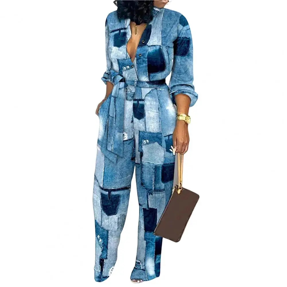 V-Neck Long Sleeve High Waist Buttons Half Placket Pockets Women Jumpsuit Autumn Abstract Print Front Belted Jumpsuit