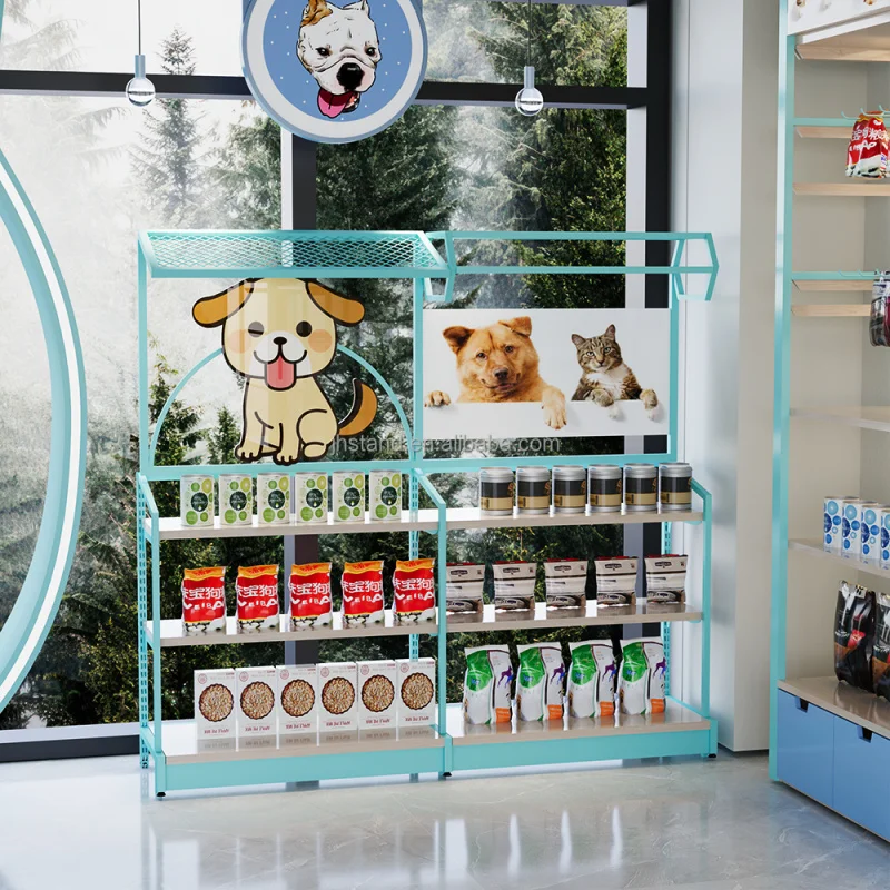 Customized. new supermarket pet food toys shop display shelves snake counter popup store lovely design blue color Pets store