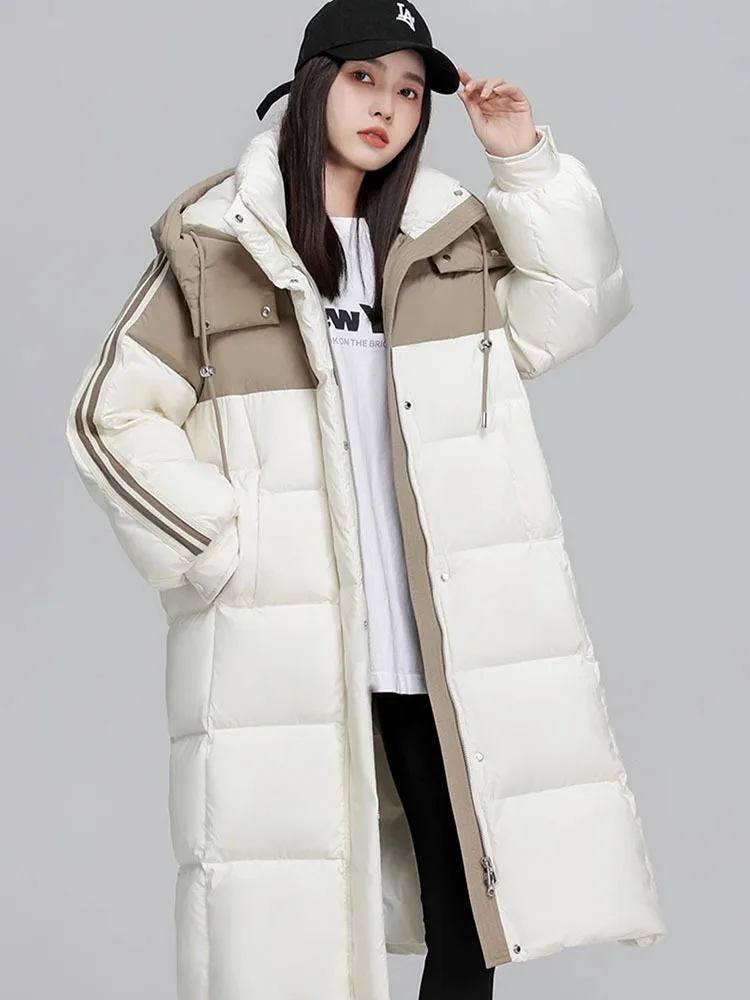 Women\'s Down Jacket 2023 Winter Korean Color Blocking Hooded Long Coats Warm White Duck Down Parker Fashion Jackets for Women