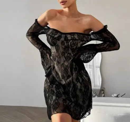 

Black Sexy Lace Hollow Out In Summer Women's Wear Temperament Daily Square Neck Puff Sleeve Sweet Slim Lace Up Dress for Women