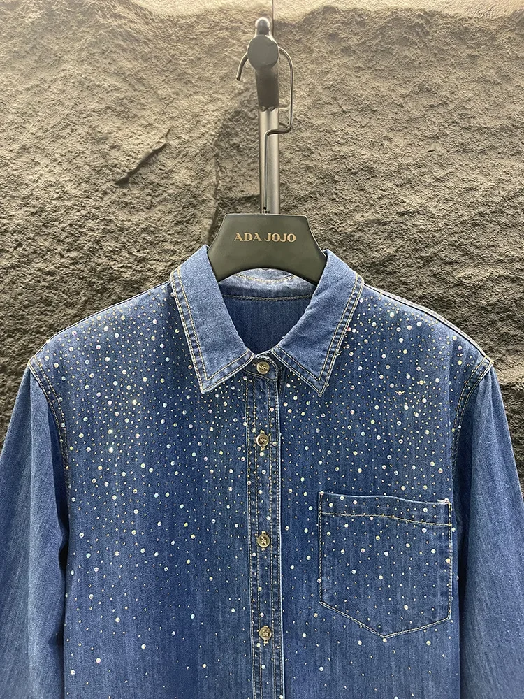 Starry Sky Diamonds Beaded Denim Shirt Retro Hot Drilling Sequined Jeans Blouses Coat Single Breasted Cowboy Cardigan Tops