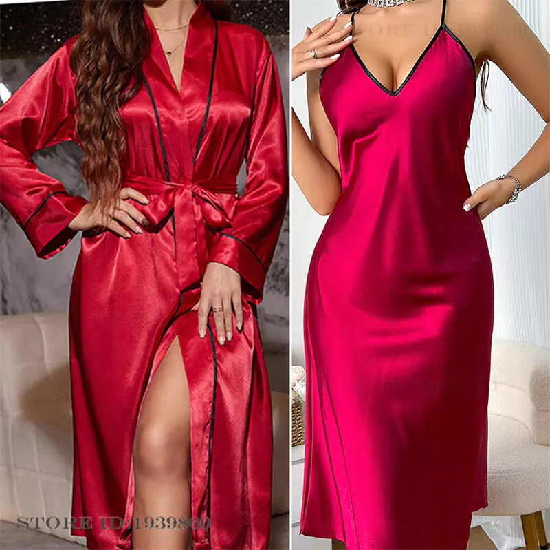 

Spring Summer New Long Twinset Robe Set Loungewear Sexy Backless Suspender Nightgown Lingerie Silky Satin Sleepwear Home Dress