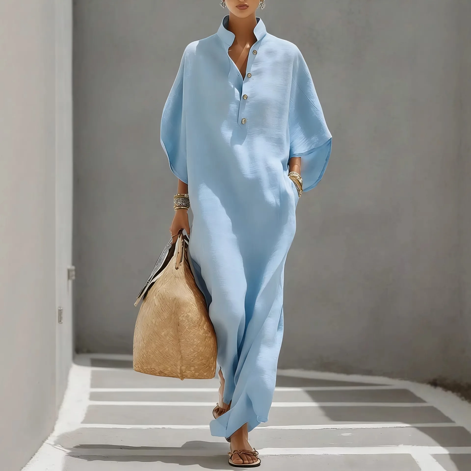 2026 Spring Summer Eurasia Fashion Women's Loose Fit Dress with Stand Collar Button Detail Medium Sleeves Ideal  Vacation Pajama