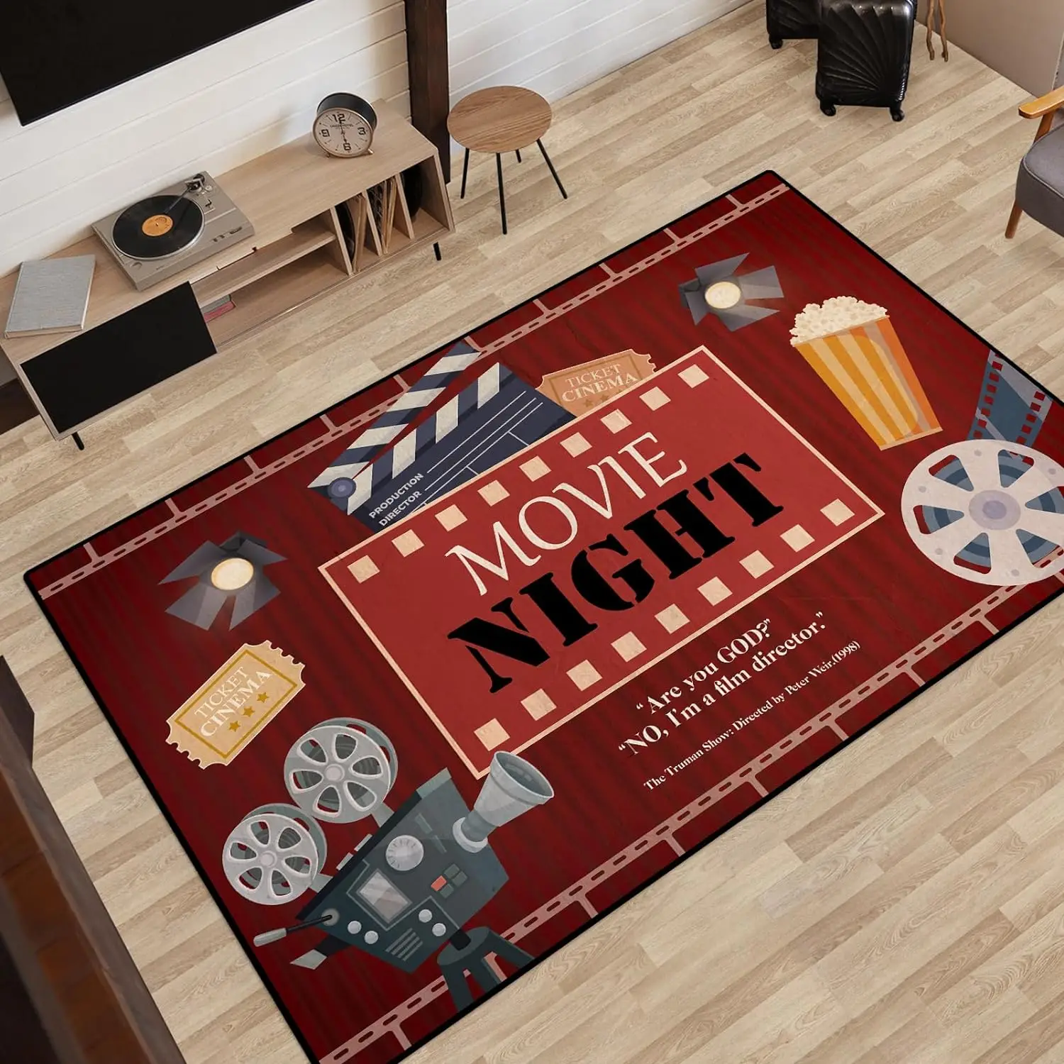 Movie Night Home Theater Floor Mat Non-Slip Cinema Sign Area Carpet Vintage Film Rugs for Home Cinema Living Room Bedroom Decor