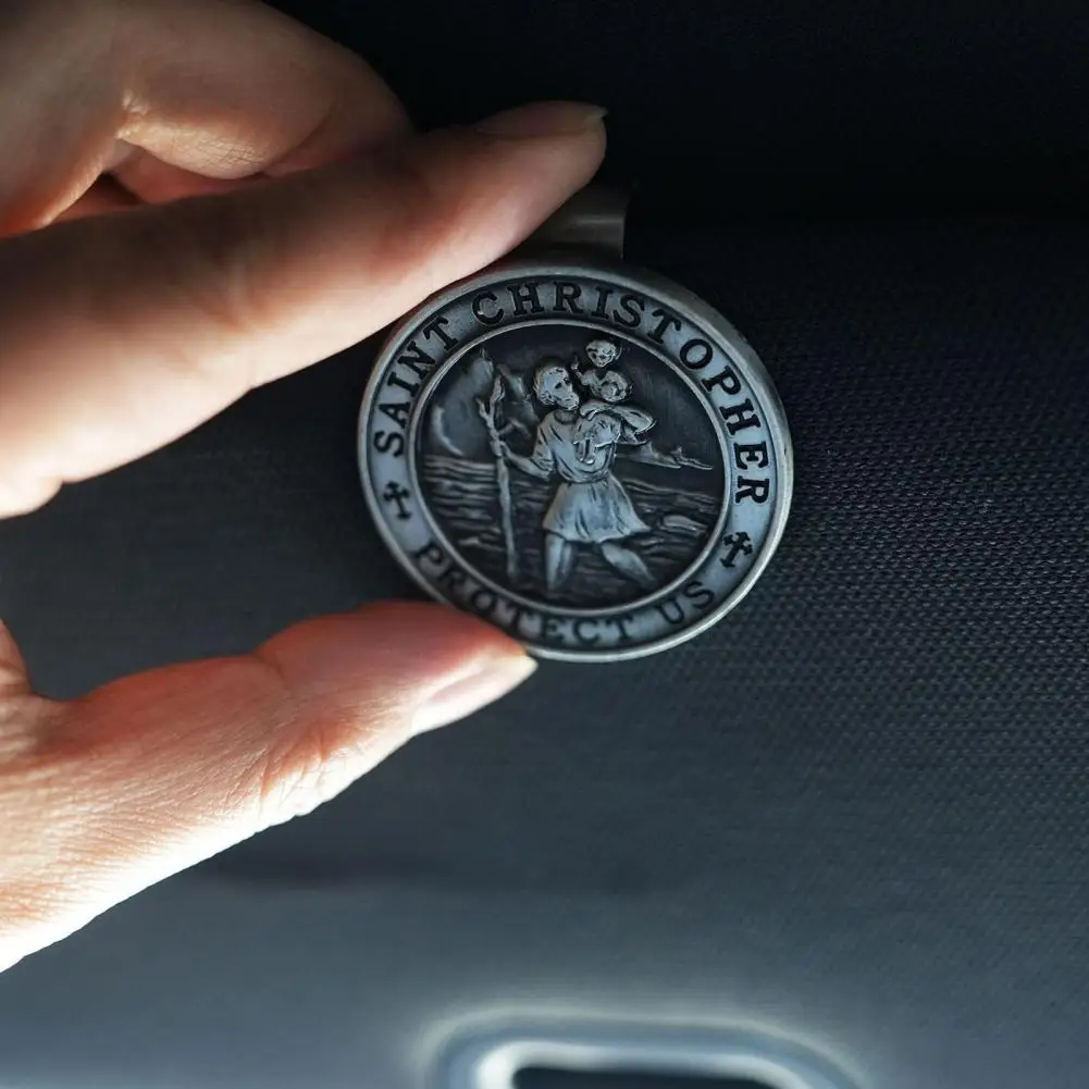 St Christopher Visor Clip for Car Metal Saint Christopher Safety Talisman Auto Accessories Gift for Drivers Families