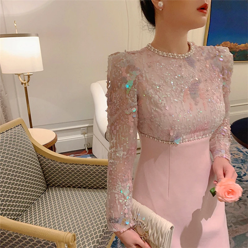 Luxe Pailletten Geborduurde Flares Jurken Lente Vrouwen Lange Mouwen Slanke Mini Jurk Nieuwe Zomer Hoge Taille Roze Een Lijn Korte Jurk
