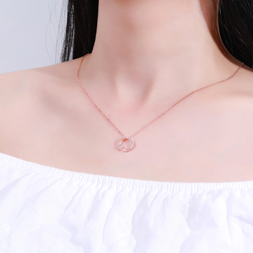 Fashion 925 Sterling Silver Women Girl Rose Gold Crescent Jewelry Shiny Zirconia Star Moon Necklace