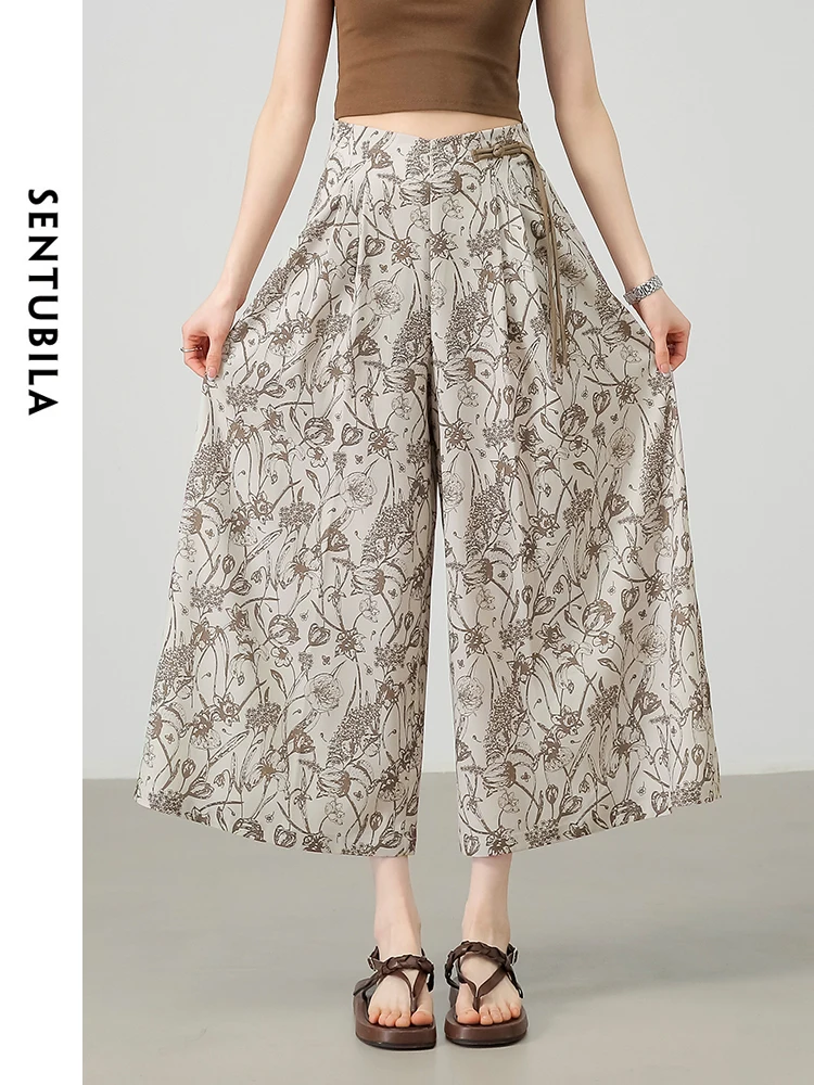 

SENTUBILA Women Flowy Loose Wide Leg Pants 2024 Summer Holiday Style Culottes Casual Thin Printed Cropped Pants 142K54797