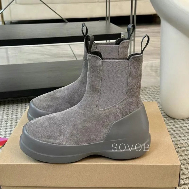 2025 Winter Flat Heel Thick Soled Waterproof Snow Boots Women's Cow Suede Elastic Band Short Boots Warm Real Wool Ankle Botas