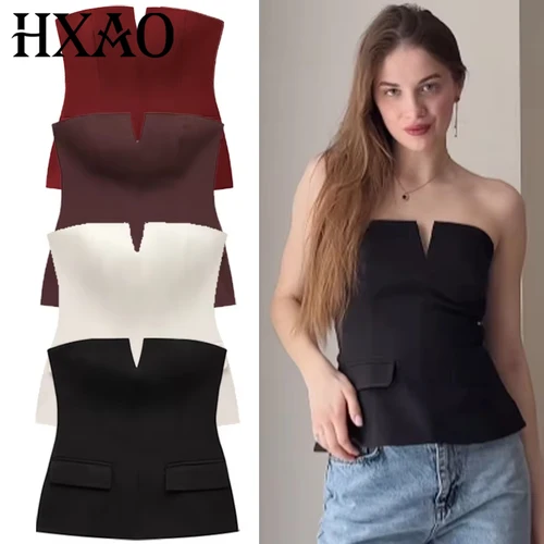 HXAO-Top de tubo con corsé para mujer, camisetas sin tirantes y camisola, camisetas sin mangas rojas, marrones, negras y blancas, chalecos cortos sexis con hombros descubiertos 066