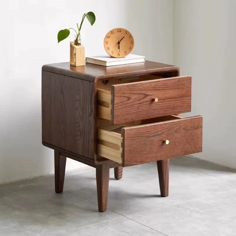 All solid wood all oak bedside table Nordic style log color walnut simple modern bedroom multi-style bedside table