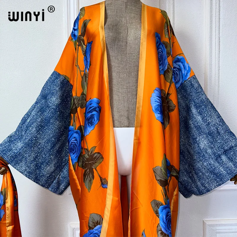 WINYI letnia dżinsowa kardigan kimono z rękawem dla kobiet elegancka sukienka kimono długi płaszcz maxi otwierana abaya