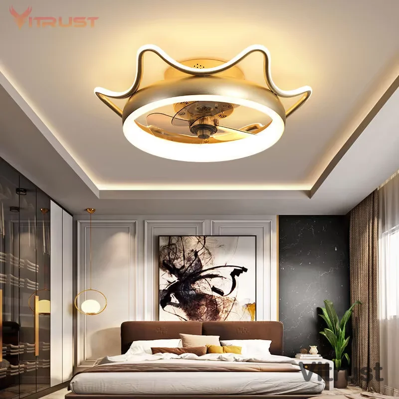 Nordic LED Ceiling Fan Lamp Kids Crown Bedroom Fan Home Decor Invisible Ceiling Fan Light Remote Control Bedroom