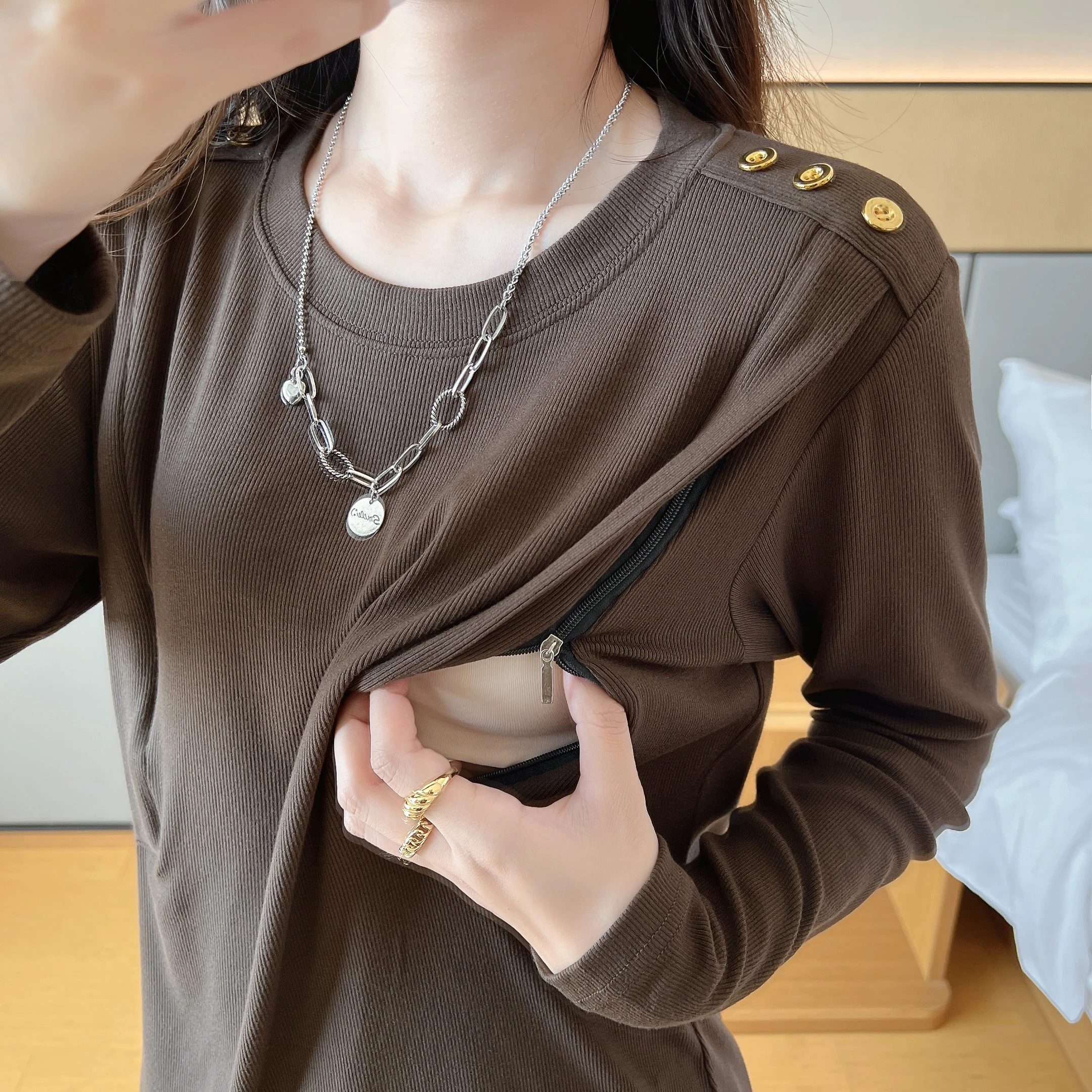 

Autumn Threaded Cotton Left And Right Zipper Opening Breastfeeding T-shirt Postnatal Mom Wears Pregnant Women Clothes