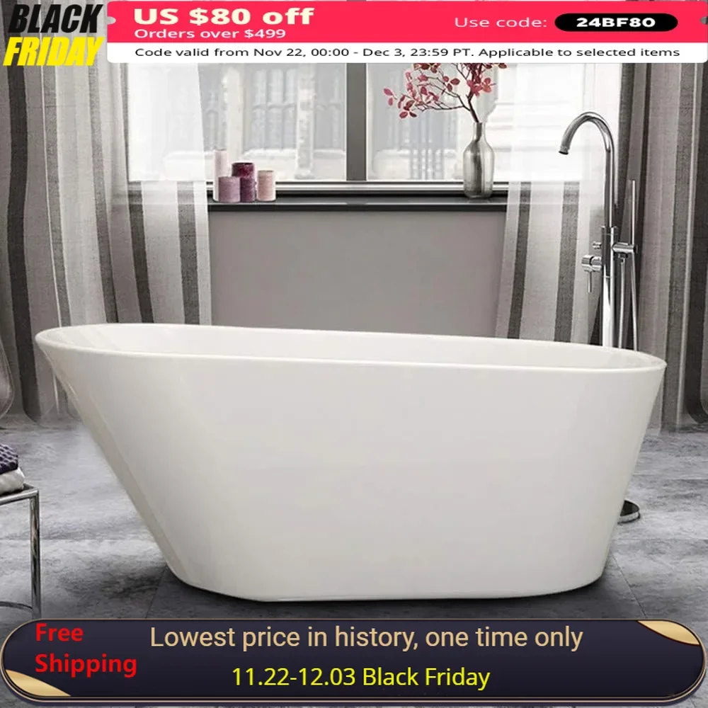 Bathtub, 61-inch, Seamless White Acrylic, Spa Freestanding Tub with Chrome-plated Brass Overflow and Drain, Freestanding Tub