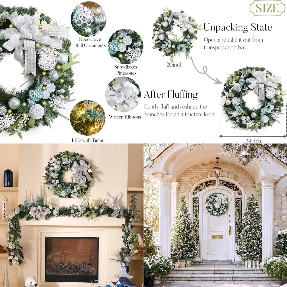 

Большой предварительно освещенный рождественский венок с синими, серебряными и белыми шариками для наружного праздничного декора и вечеринки