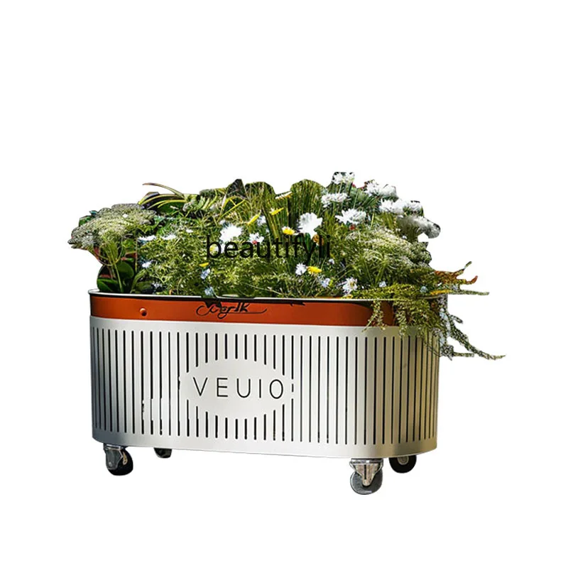 

Flower Box Outdoor Movable Planting Box with Pulley Camping Iron Planter Flowerpot