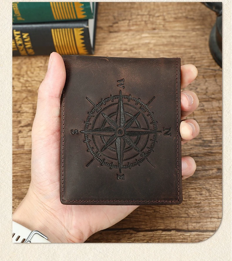 Modische Herren-Geldbörse aus Crazy Horse Leder mit Kompassmuster, RFID-Blockierung, Großer Kapazität, Kartenhalter und Geldklammer – Detail 2