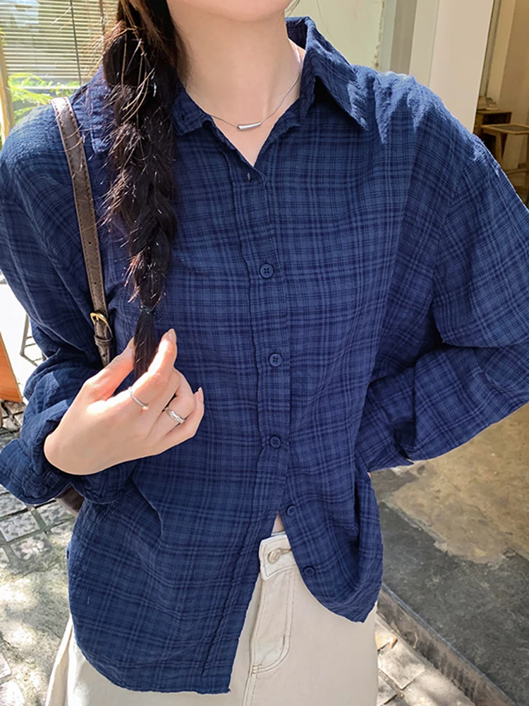 

French Retro Casual Slim Women Shirt Blue Chicly Simple Basic Long-Sleeved Shirt Female Loose Fashion Street Plaid Woman Shirt