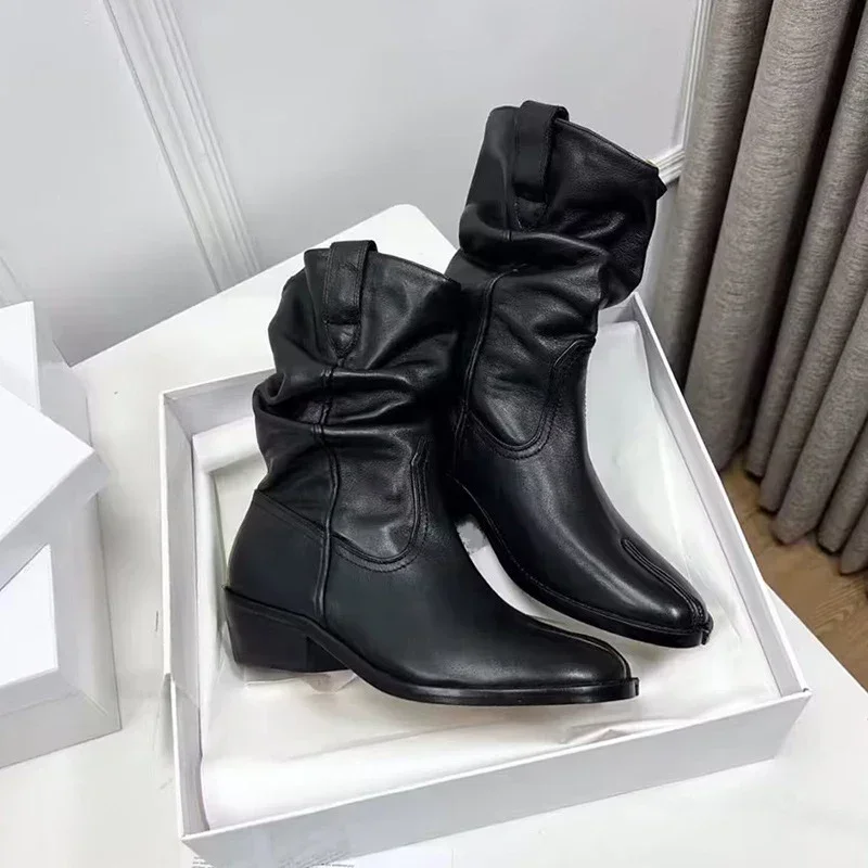 

Split Toe Folds Ankle Boots For Women Brand Design Fashion Tabi Western Cowboy Boots Retro Winter Warm Chunky Heels Casual Shoes
