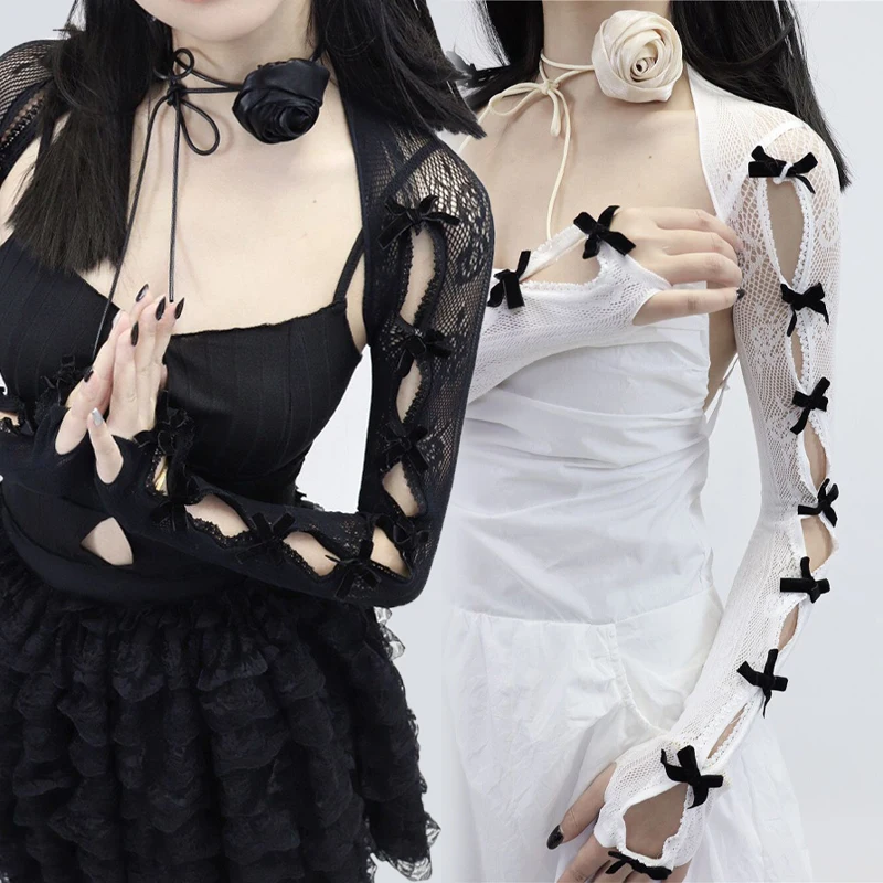 

Bow Fingerless Gloves for Women Girls DIY Flocked Kawaiii Flowers Sunscreen Sleeve Lace Ribbon Bow Mesh Elbow Punk Gloves