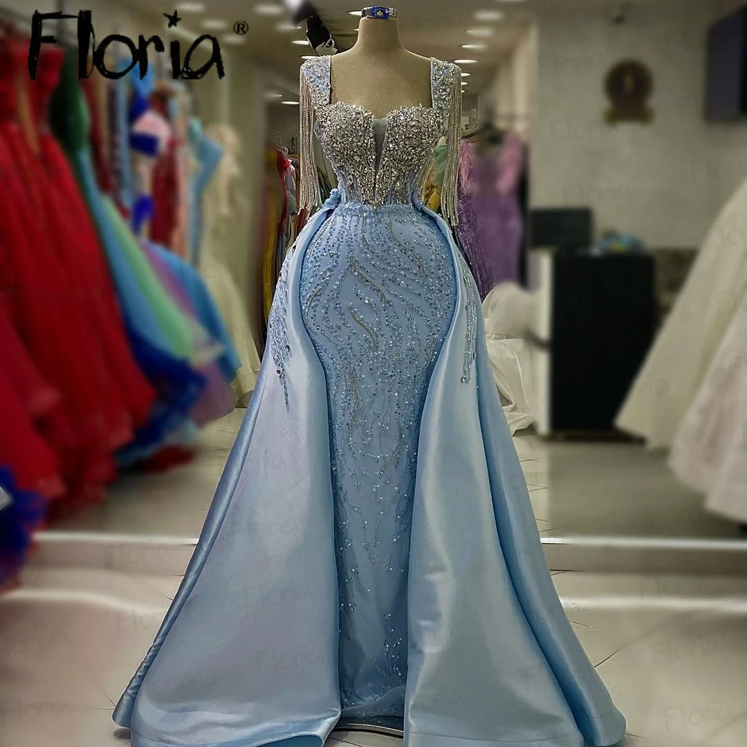 Floria Long Tassels Light Blue Formal Prom Dress for Women Wedding 2024 Detachable Train Beaded Satin Evening Party Gowns Arabic