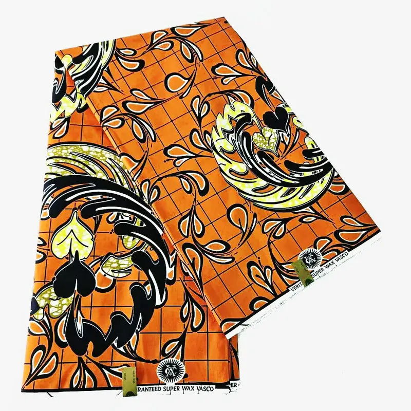 African Style Printed Wax Fabric,6 Yards Long,Orange Cotton Batik Material for DIY Summer Spring Clothing Curtains Sewing R928