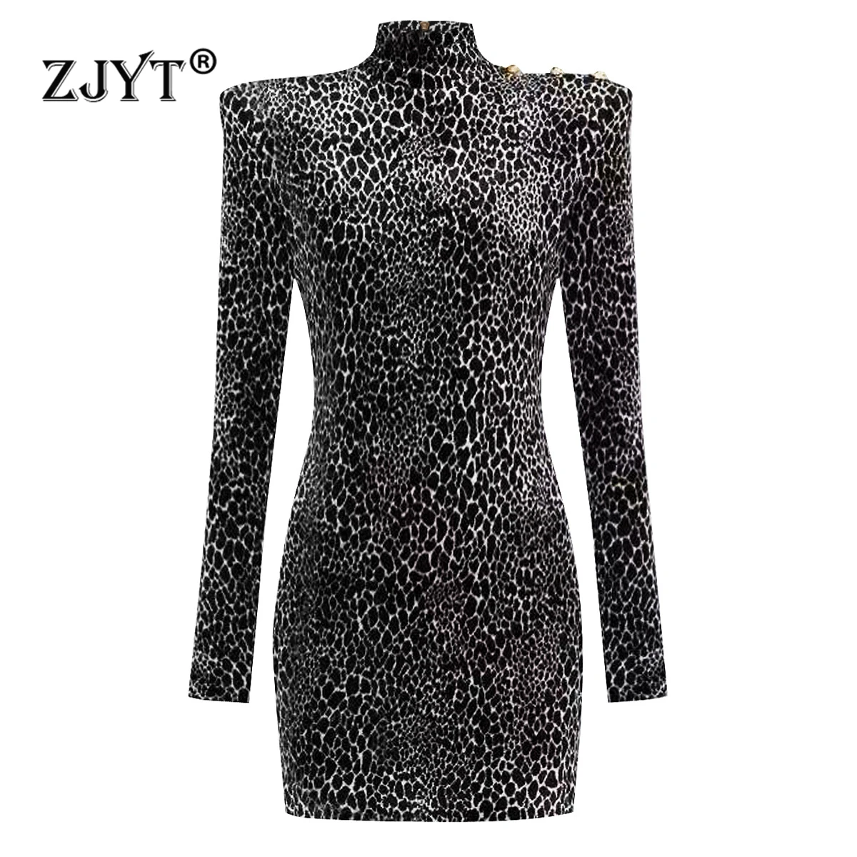 ZJYT Herbst Winter Halb Stehkragen Strickpullover Kleider für Frauen 2025, modisches Langarm-Vintage-Minikleid mit Leopardenmuster