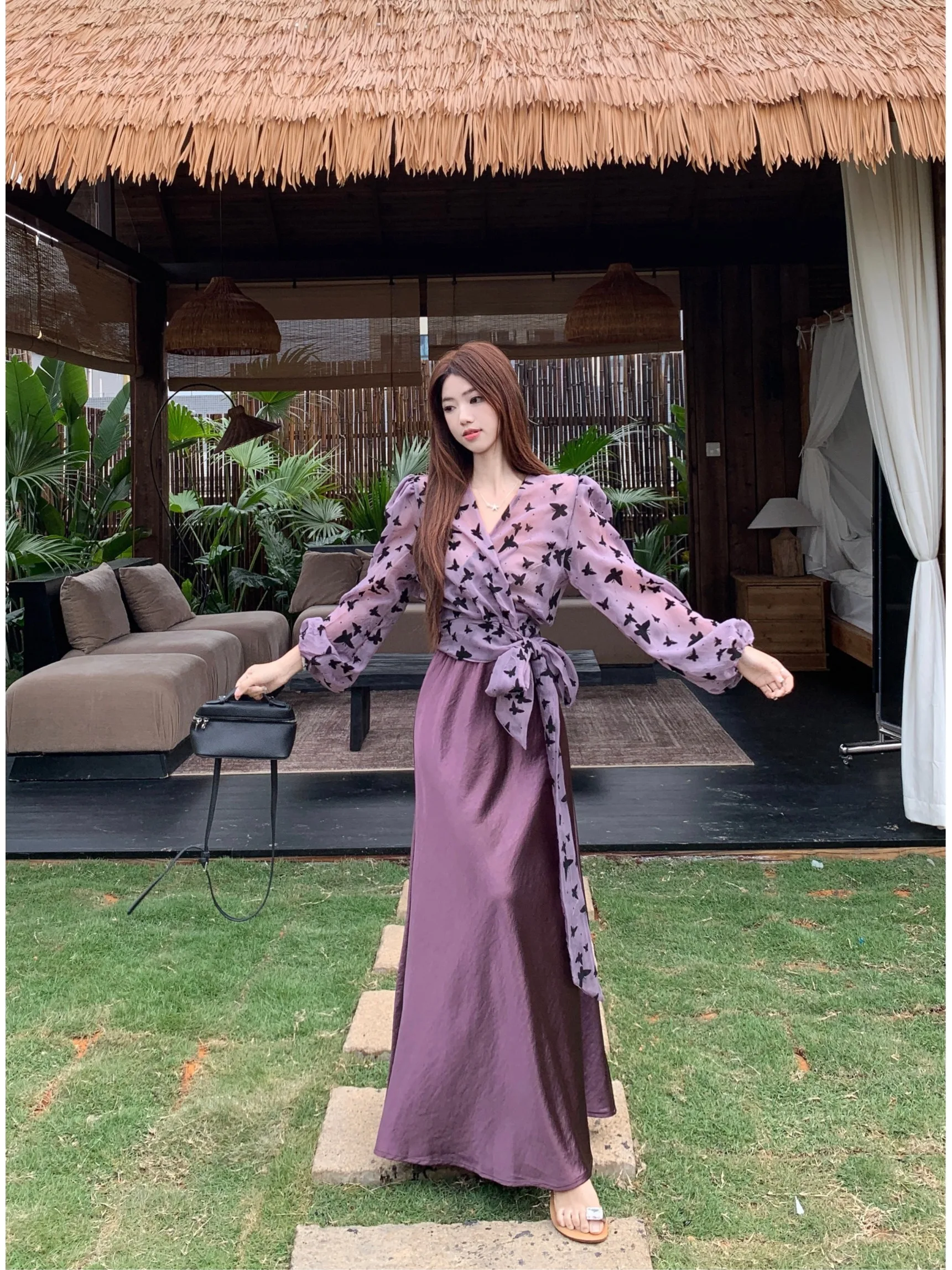 

Fashionable Purple Print Belted Long Sleeve Women's Top High Waist Skirt Two-Piece Set Elastic Batwing Sleeve V-Neck Shirt