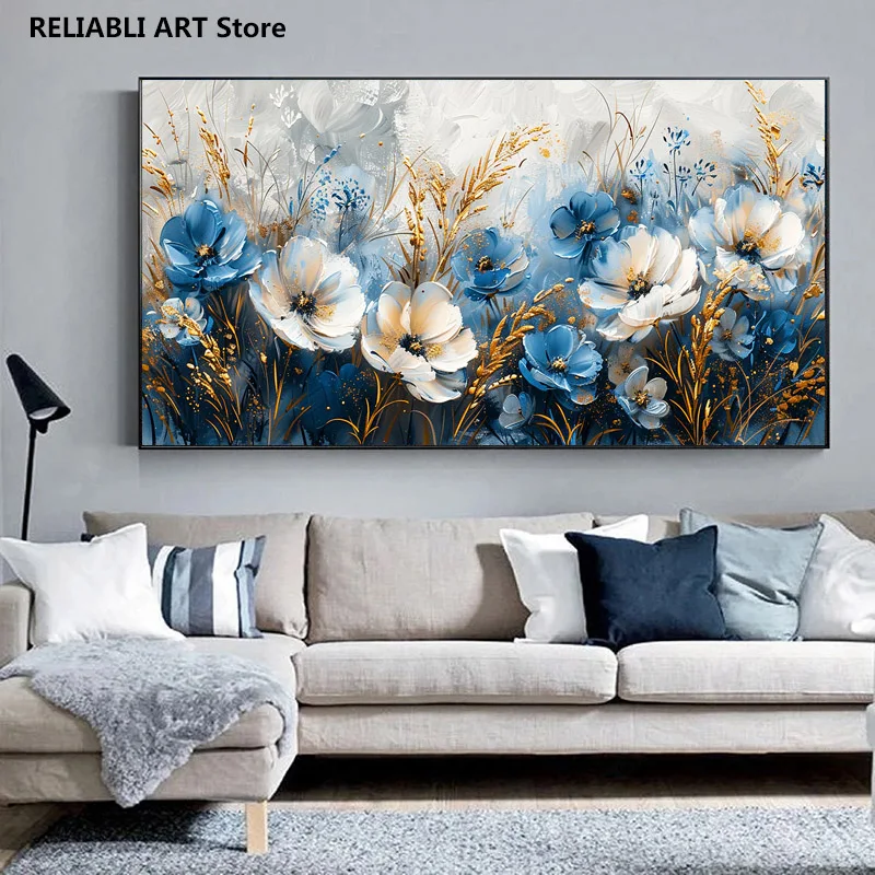 

Abstract Golden Leaf Blue And White Flower On Canvas,Modern Print Poster Home Decortion Wall Art Picture Painting,Unframed