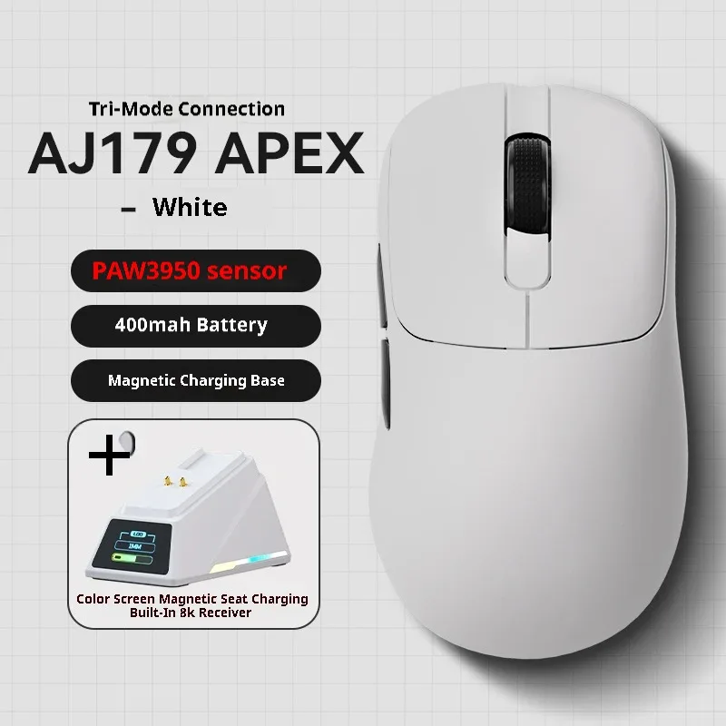 Mouse para jogos Aj179apex PAW3395 sem fio Bluetooth três modos leve com base de carregamento