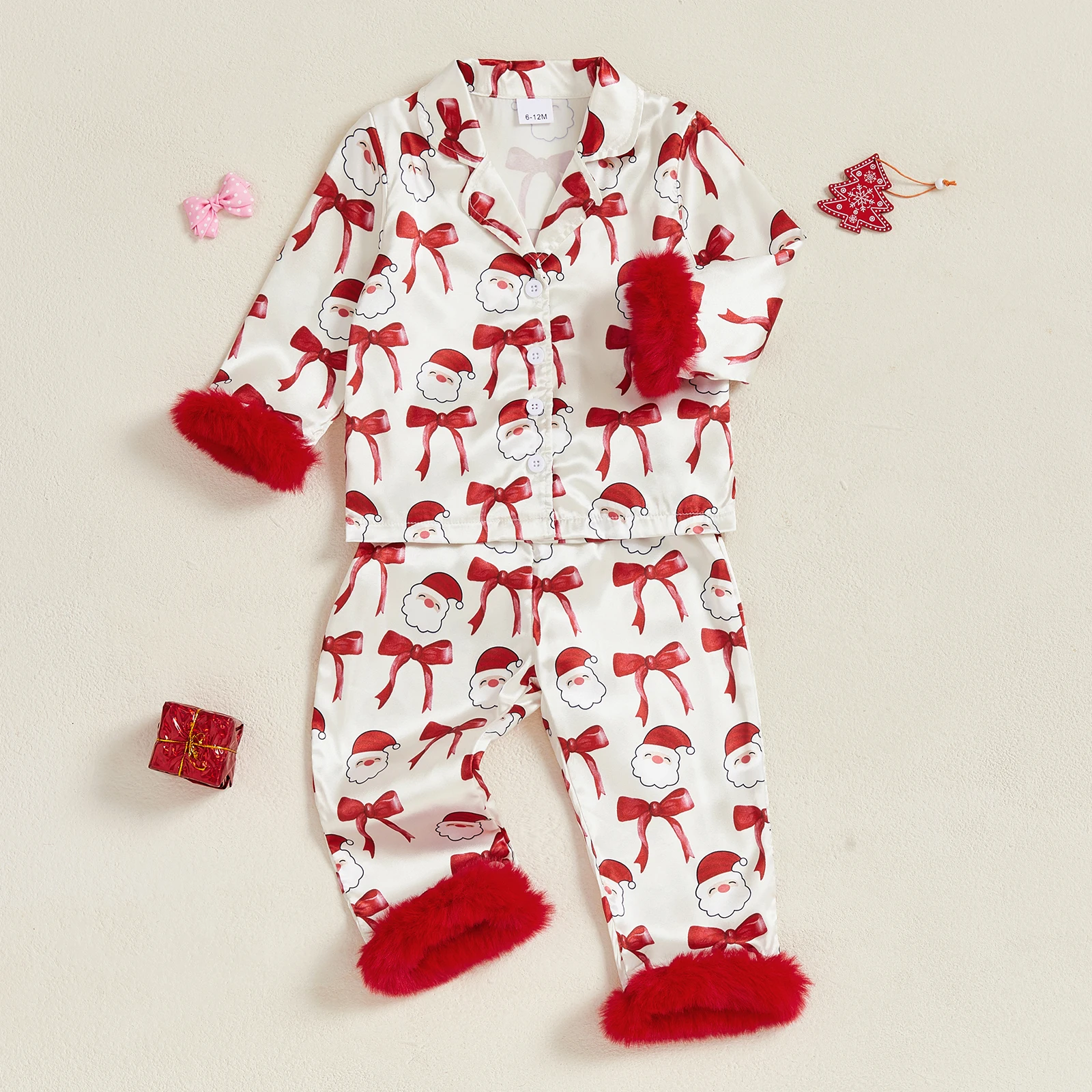 Kids Girls Christmas Pajamas Set Bow Print Long Sleeve Tops with Elastic Waist Pants Sleepwear Pj Sets