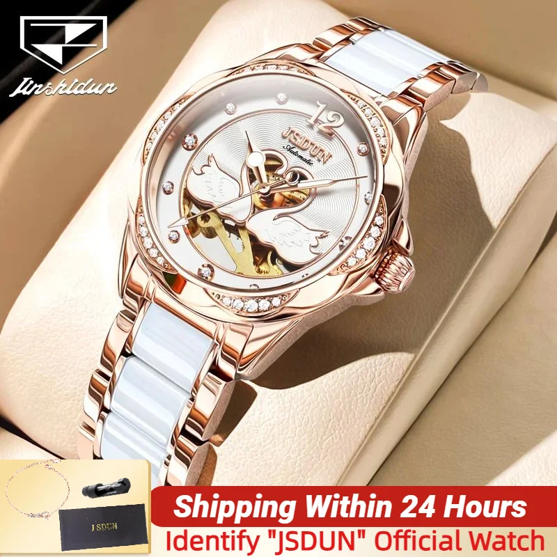 

JSDUN Роскошные женские часы Автоматические механические часы Элегантный керамический ремешок для часов со скелетом Сапфировая зеркальная поверхность Женские часы