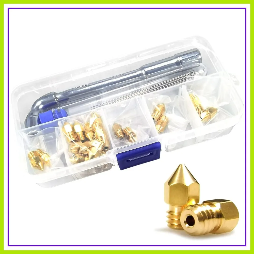 

MK8 Nozzles 24-Pack, 3D Printer Extruder Brass Nozzles 0.2-1.0mm, CR-10/Ender 3/5/6, with DIY Tools & Metal Storage Box