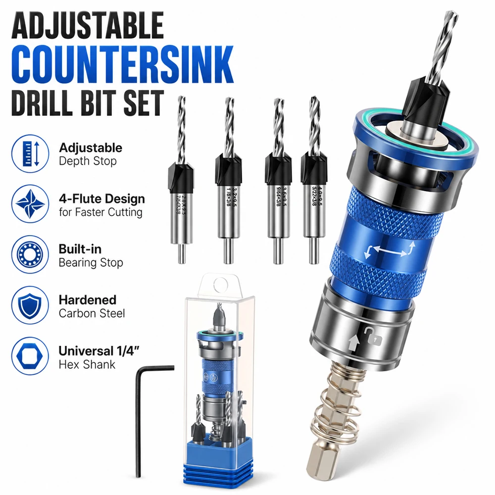

Woodworking Countersink Drill Bit Adjustable Depth Stop 4 Flute 1/4 Inch Hex Shank Pilot Hole Tool for Cabinet DIY Furniture