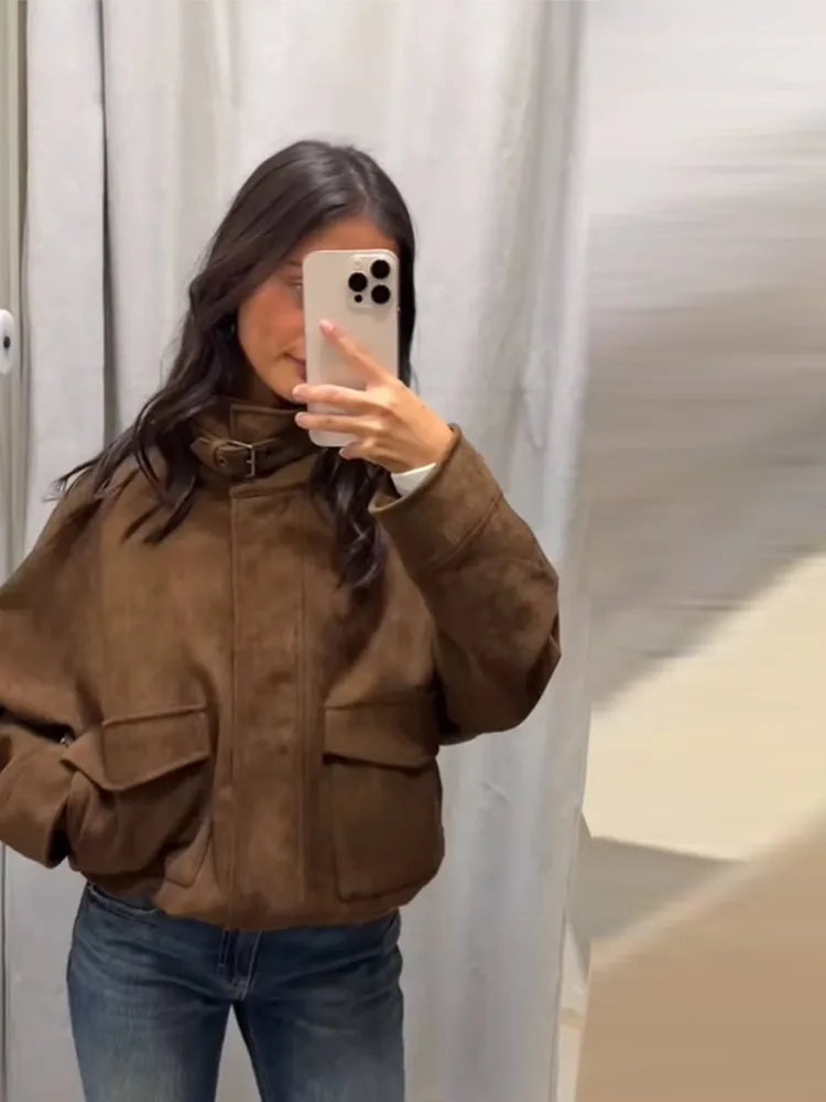 Dames Vintage Chic Faux Suède Jas Jas Losse Opstaande Kraag Bijgesneden Bruin Herfst Winter Demi-seizoen Bovenkleding Vrouwelijke Outfit