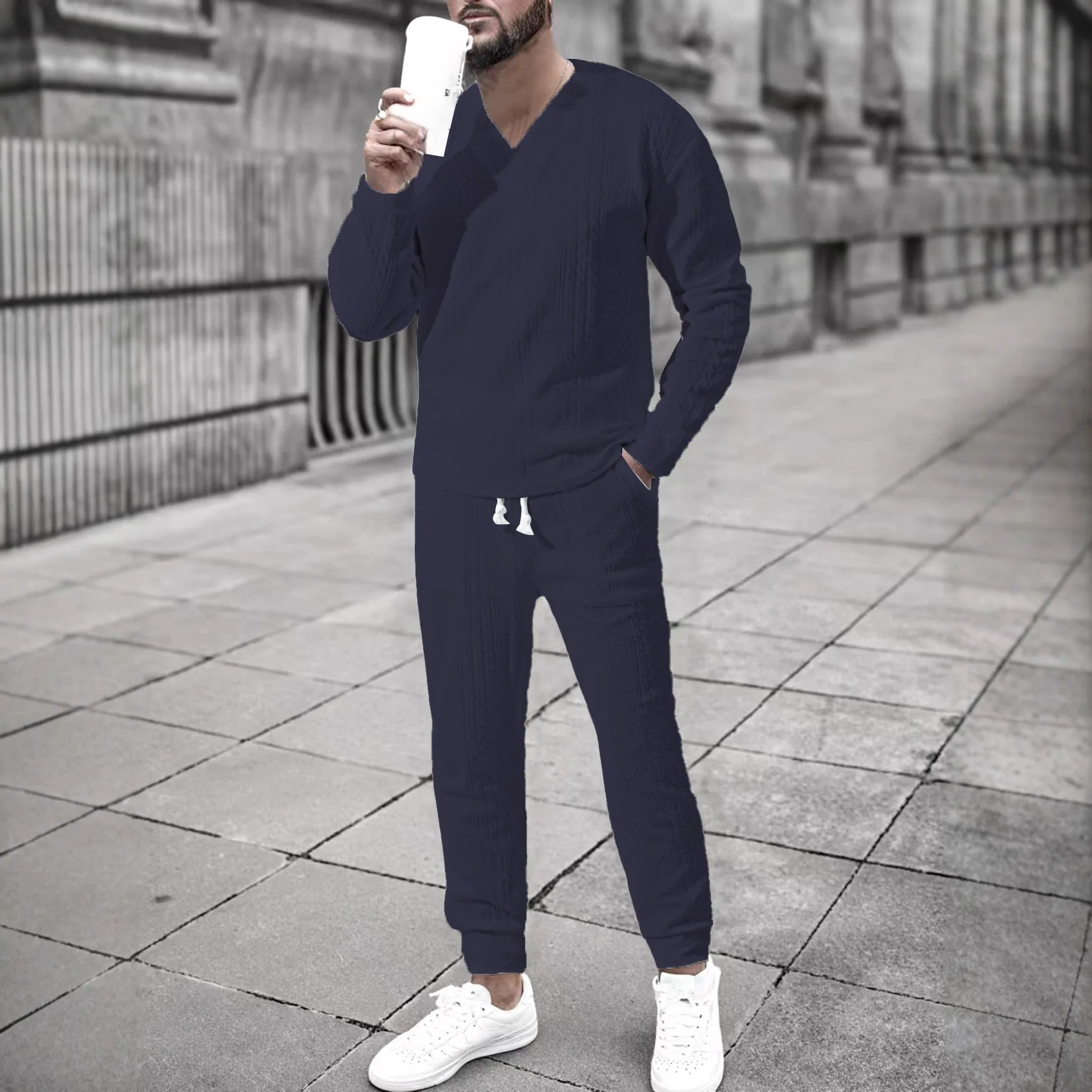 2025 autumn and winter new jacquard personalized hip-hop large size drawstring men's casual long-sleeved trousers suit