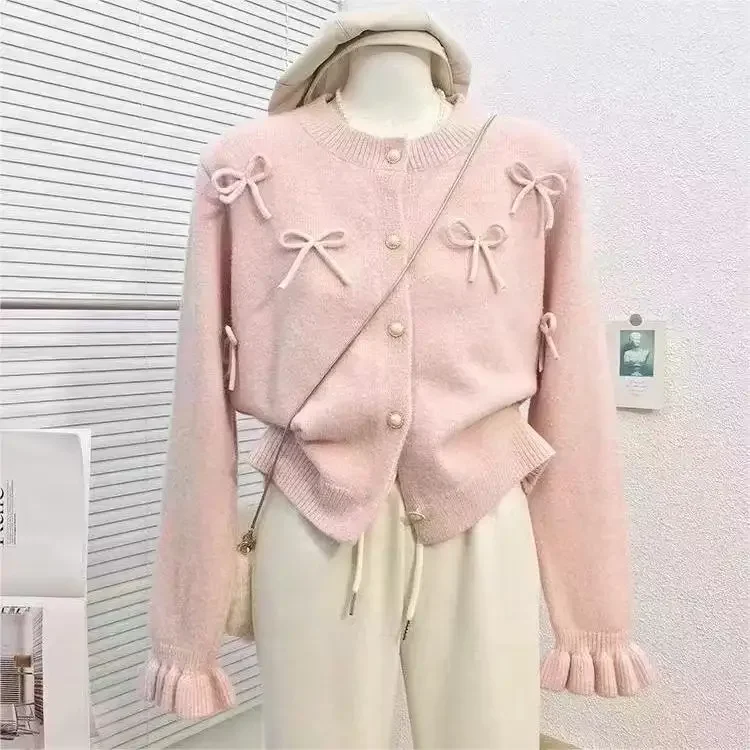 

Sweaters Cardigan Single Breasted Women Jumpers Knitted Solid Bow Spliced Loose Basics Flare Sleeve Sweater Pockets 2024