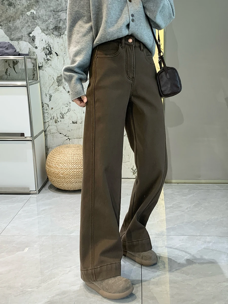 

Thi бархатные прямые джинсовые джинсы женские зимние четырехсторонние эластичные свободные брюки кофейного цвета узкие широкие брюки теплые уютные