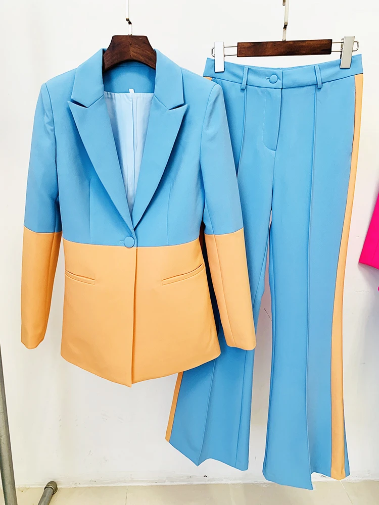 HIGH QUALITY Newest 2024 Star Style Designer Runway Suit Set Women\'s Single Button Color Block Blazer Flare Pants Suit