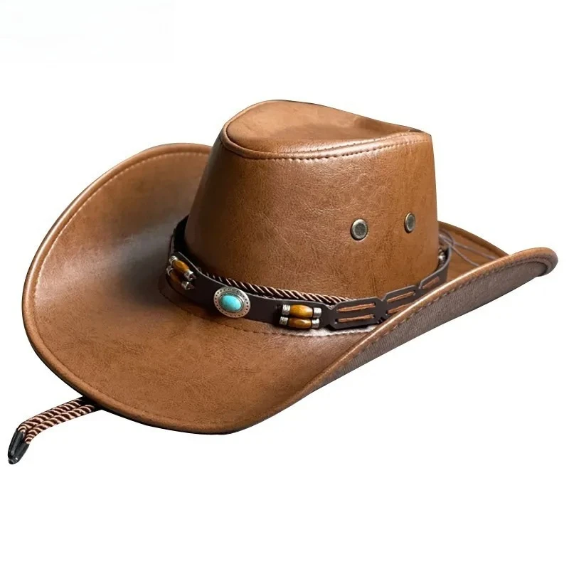 Faux Leather Western Cowboy Hats For Women Men Vintage Gentleman Dress Hats Panama Cowgirl Jazz Cap Sombrero Hombre image 3